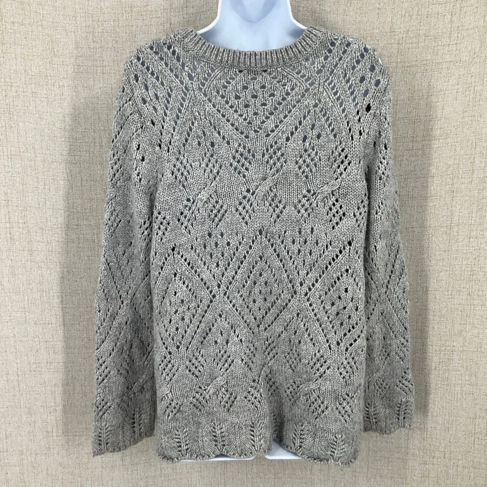 LOFT‎ Sweater Women XL Gray Knit Pointelle Diamond Cable Pullover Boho Cottage